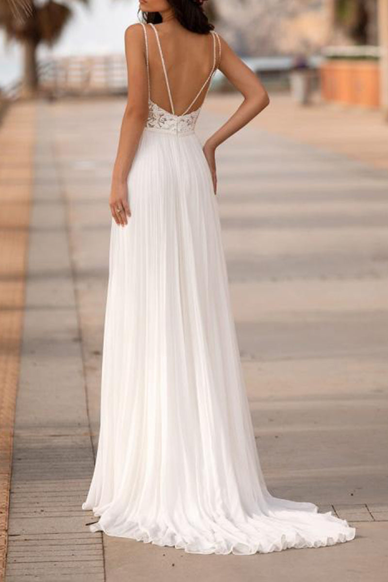 A Line V Neck Lace Appliques Side Slit Boho Beach Wedding Dress QW2601