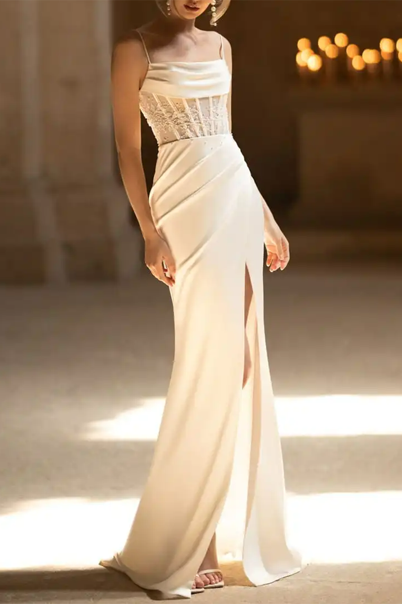 Spaghetti Straps Beads Elegant Mermaid Wedding Dress with Slit Bridal Gown QW2086