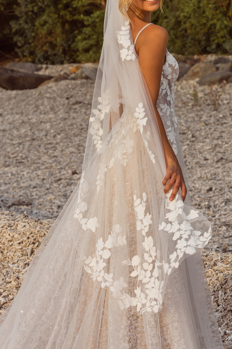 A Line V Neck Lace Appliques Boho Wedding Dress with Sweep Train QW2654