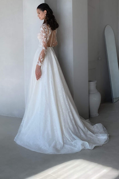 A line Illusion Neckline Romantic Lace Princess Wedding Dress Rustic Bridal Gown QW2262