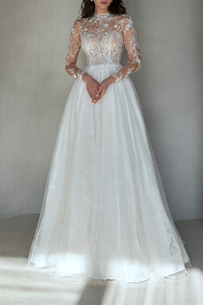 A line Illusion Neckline Romantic Lace Princess Wedding Dress Rustic Bridal Gown QW2262