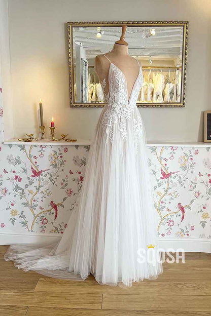 A Line Deep V neck Lace Appliques Elegant Boho Wedding Dress QW2357