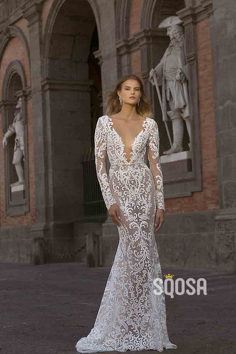 Illusion Deep V neck Long Sleeves Romanic Lace Mermaid Wedding Dress QW2456