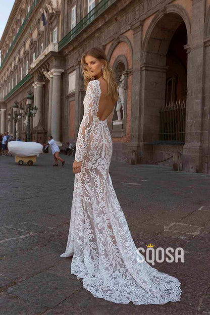 Illusion Deep V neck Long Sleeves Romanic Lace Mermaid Wedding Dress QW2456