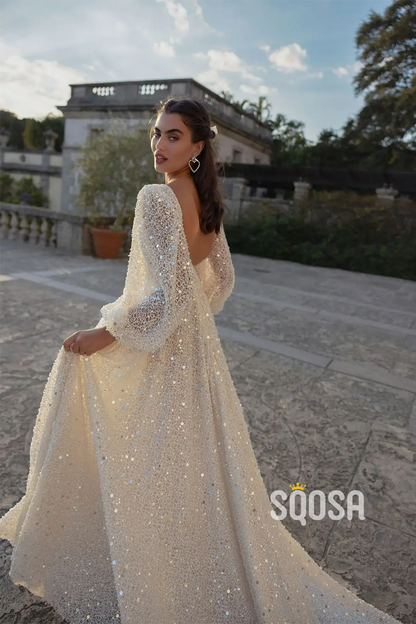 A Line Sexy Deep V neck Long Sleeves Romantic Wedding Dress with Court Train QW2299