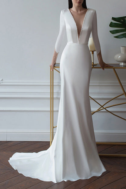 Sheath/Column Illusion Deep V neck Long Sleeve Satin Wedding Dress with Court Train QW2125