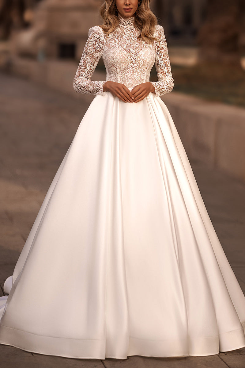 A Line Muslim High Neck Lace Long Sleeves Rustic Wedding Dress with Pockets QW0841