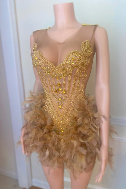 Illusion V neckline Luxury Beads Gold Homecoming Dress for Black Women QH2509