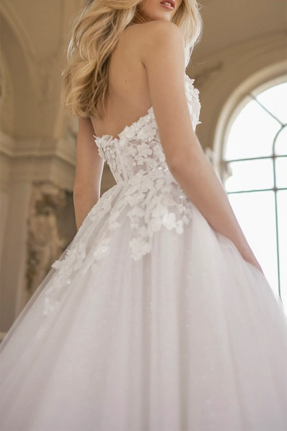 A line Illusion V Neck 3D Appliques Rustic Wedding Dress with Court Train QW2183