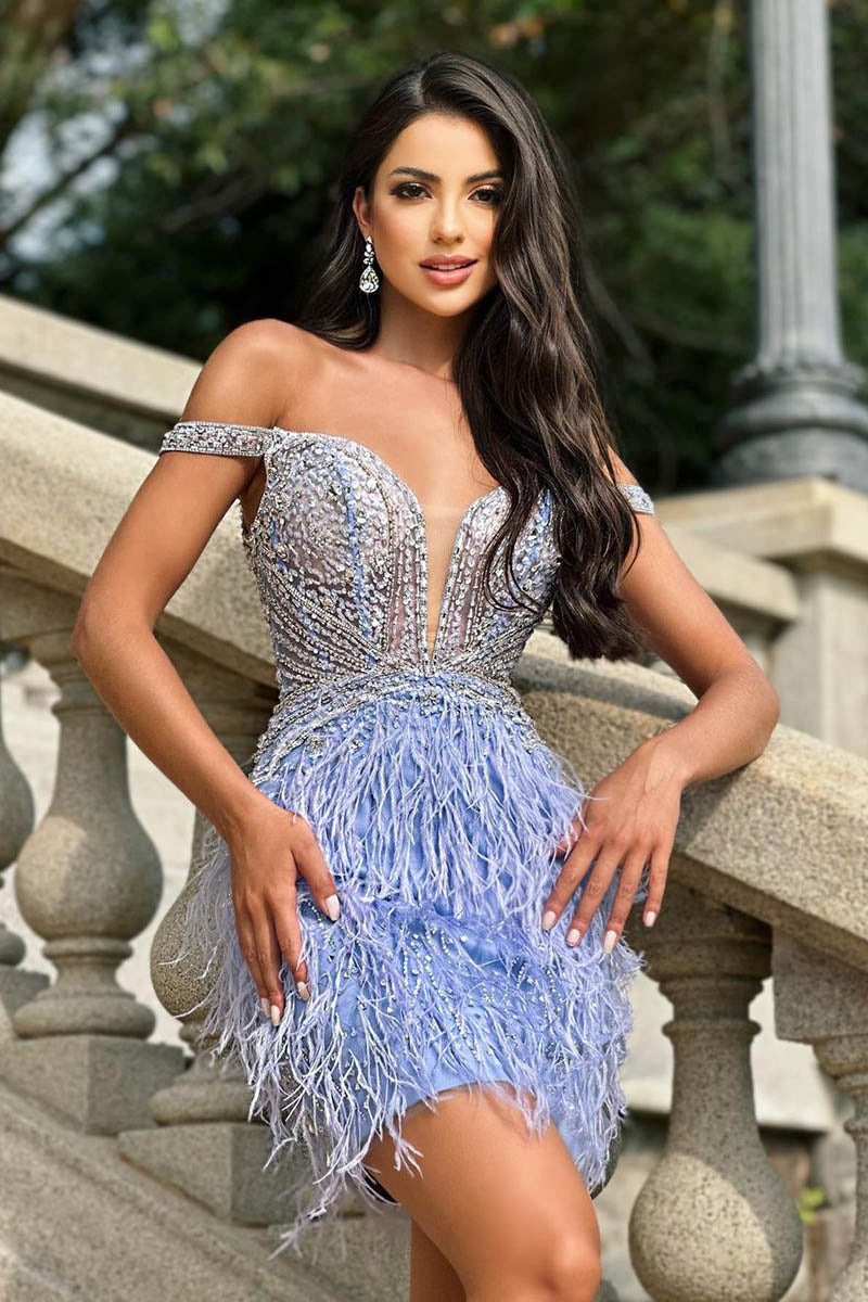 Sheath/Column Illusion V neck Beads Short Party Dress Unique Feathers Homecoming Dress QH2483