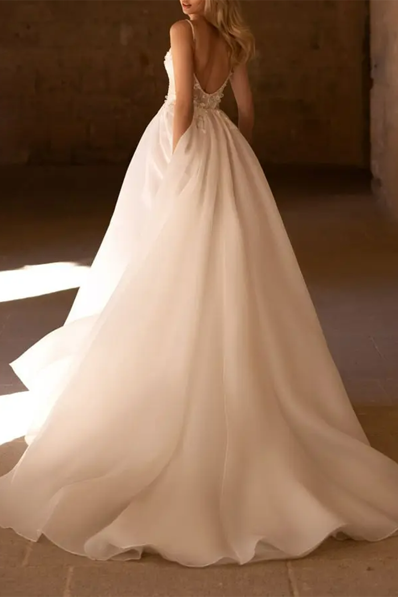 A Line Illusion V Neck 3D Appliques Rustic Wedding Dress QW2091