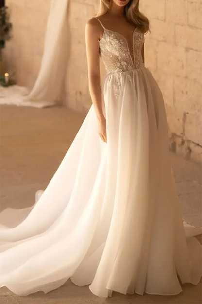 A Line Illusion V Neck 3D Appliques Rustic Wedding Dress QW2091