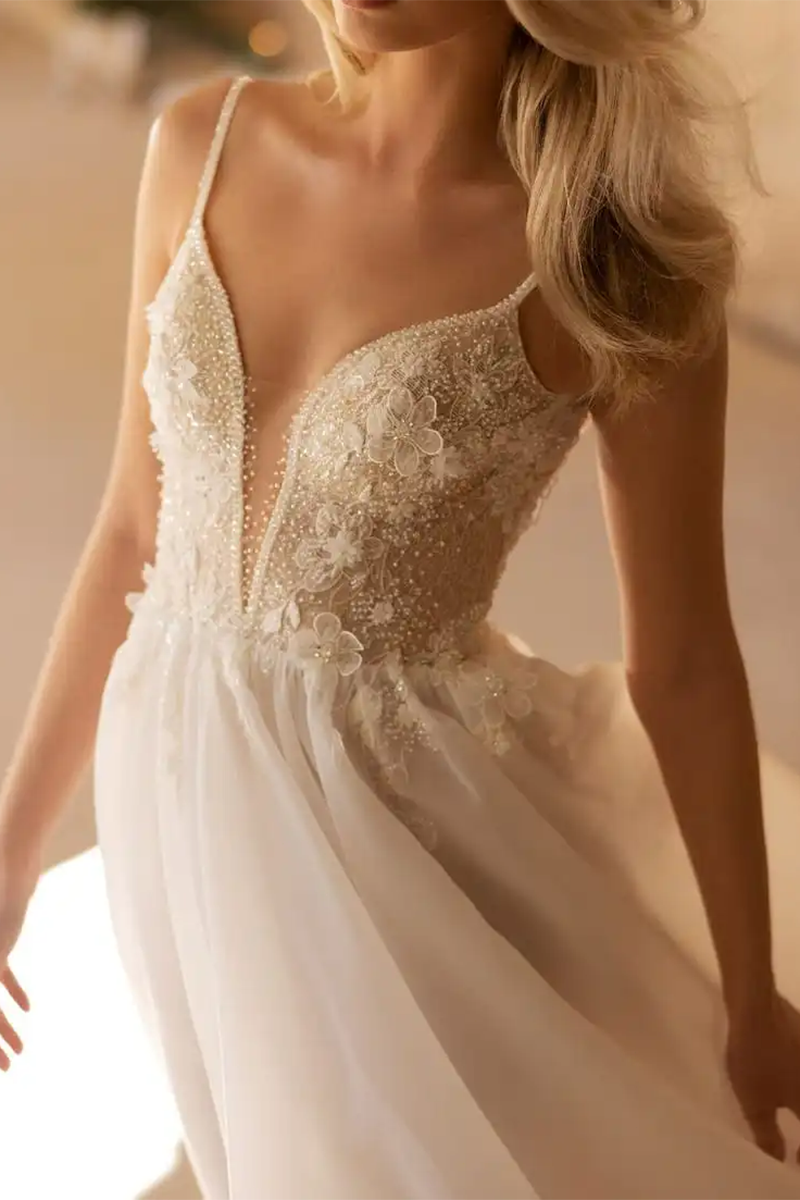 A Line Illusion V Neck 3D Appliques Rustic Wedding Dress QW2091