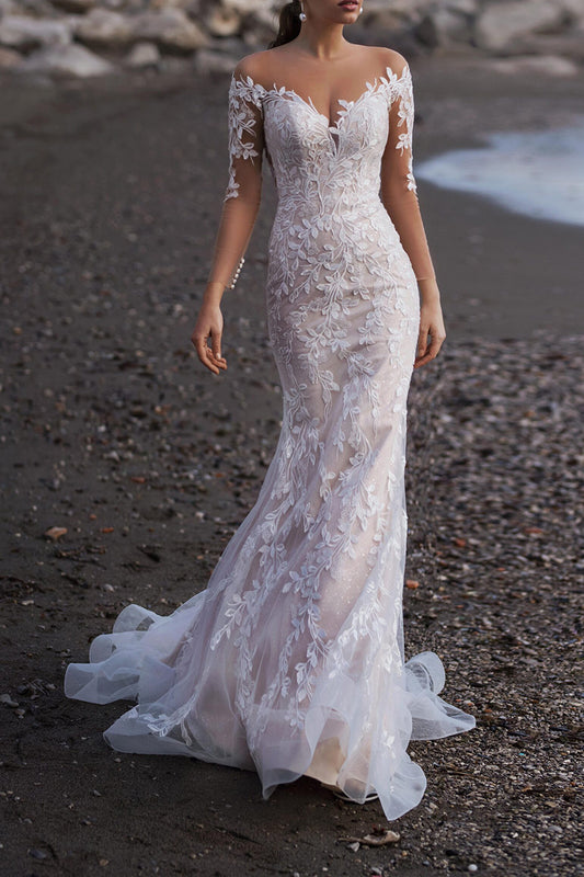 Unique Illusion Neckline Lace Wedding Dress Mermaid Bridal Gown with Sweep Train QW2289