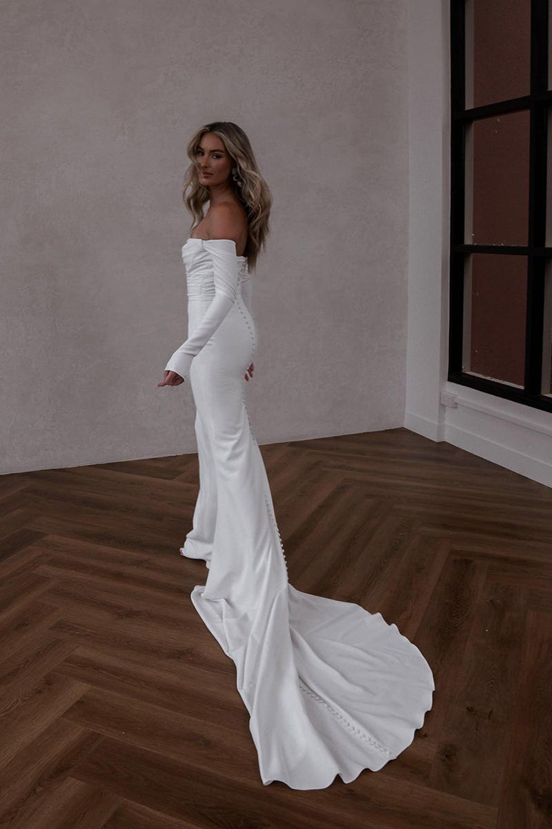 Unique Off Shoulder Long Sleeves Satin Boho Wedding Dress with Court Train QW0830