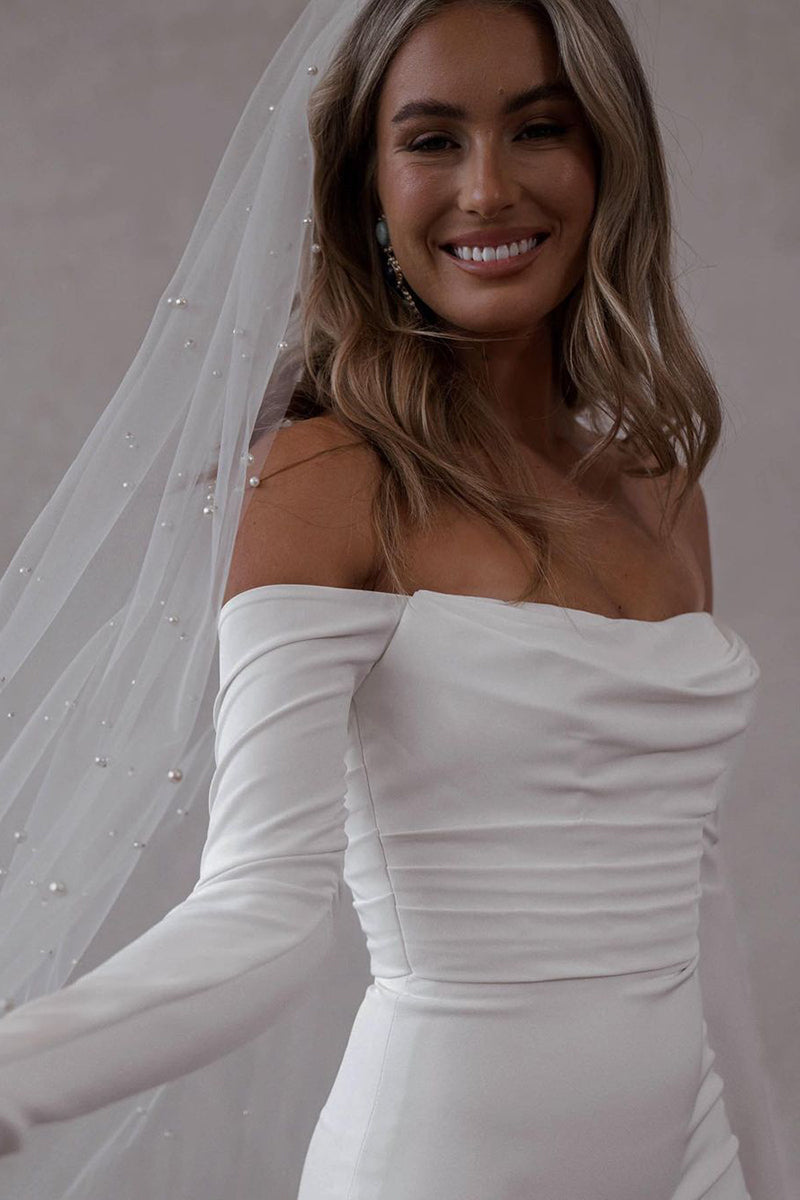 Unique Off Shoulder Long Sleeves Satin Boho Wedding Dress with Court Train QW0830