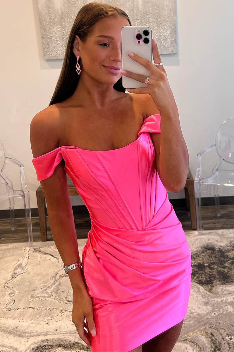 Sheath/Column Off Shoulder Satin Pleats Pink Cute Homecoming Dress Short Graduation Dress QH2464