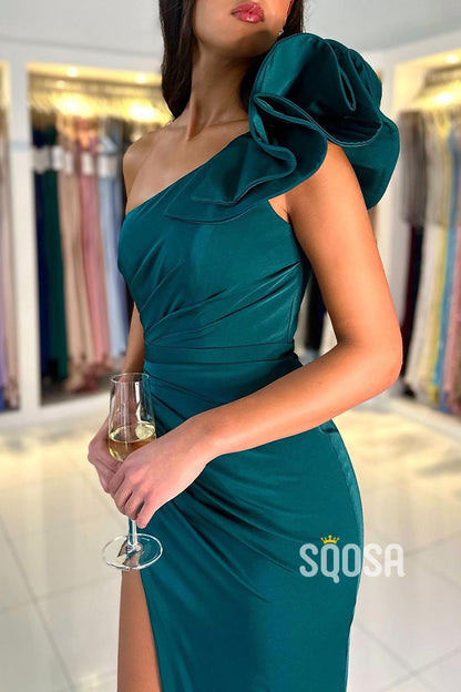 Unique One Shoulder Satin Pleats Sheath/Column Long Formal Party Dress with Slit QP1282