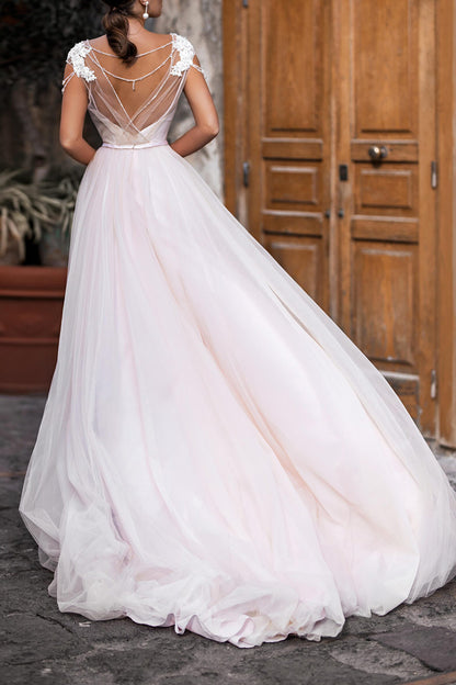 A Line Illusion Neckline Cap Sleeves Apliques Boho Wedding Dress QW2288