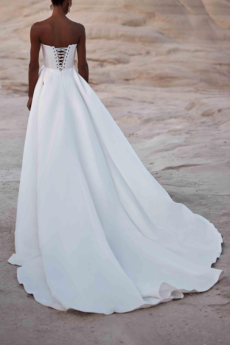 A Line Strapless White Satin Wedding Dress with Court Train QW2392