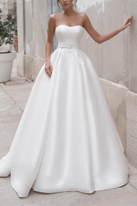 Ball Gown Satin Wedding Dress with Detachable Shawl Rustic Bridal Gown QW2274