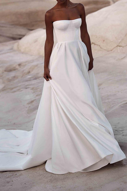 A Line Strapless White Satin Wedding Dress with Court Train QW2392