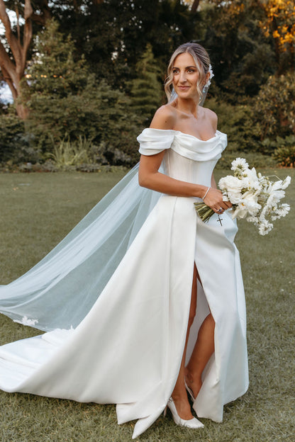 Unique Off the Shoulder Side Slit Satin Wedding Dress with Court Train QW2561