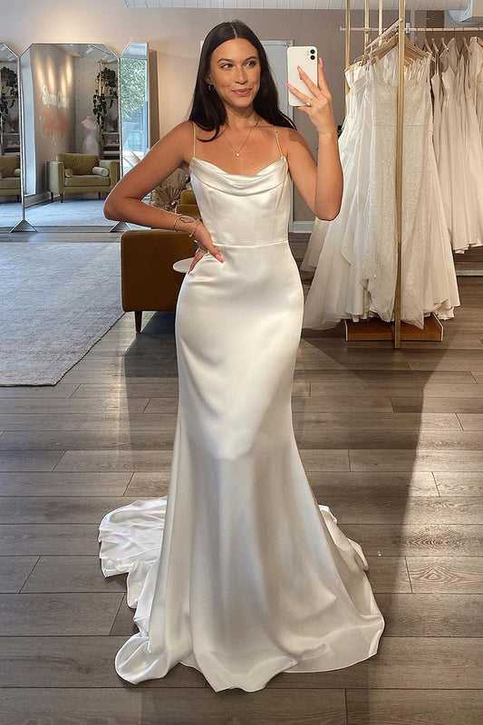 Spaghetti Straps Satin Pleats Simple Mermaid Wedding Dress QW2175