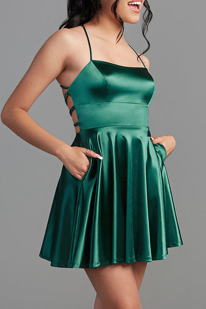 A Line Scoop Satin Simple Cheap Homecoming Dress with Pockets QH2403