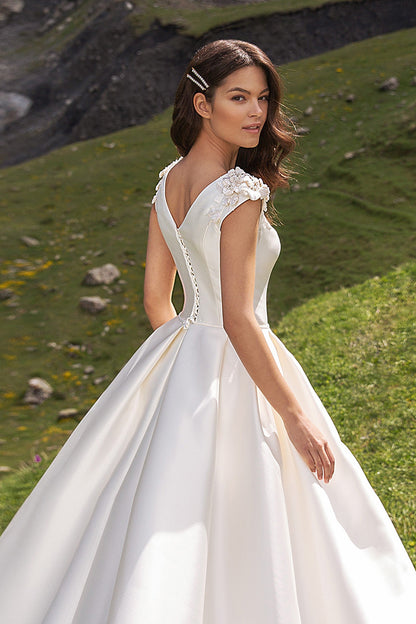 A Line Scoop Cap Sleeves Beads Satin Rustic Wedding Dress with Court Train QW2115