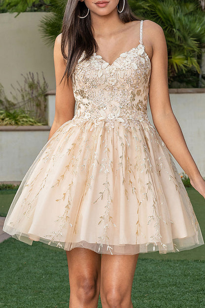 A line Spaghetti Straples Appliques Cute Homecoming Dress QH2404