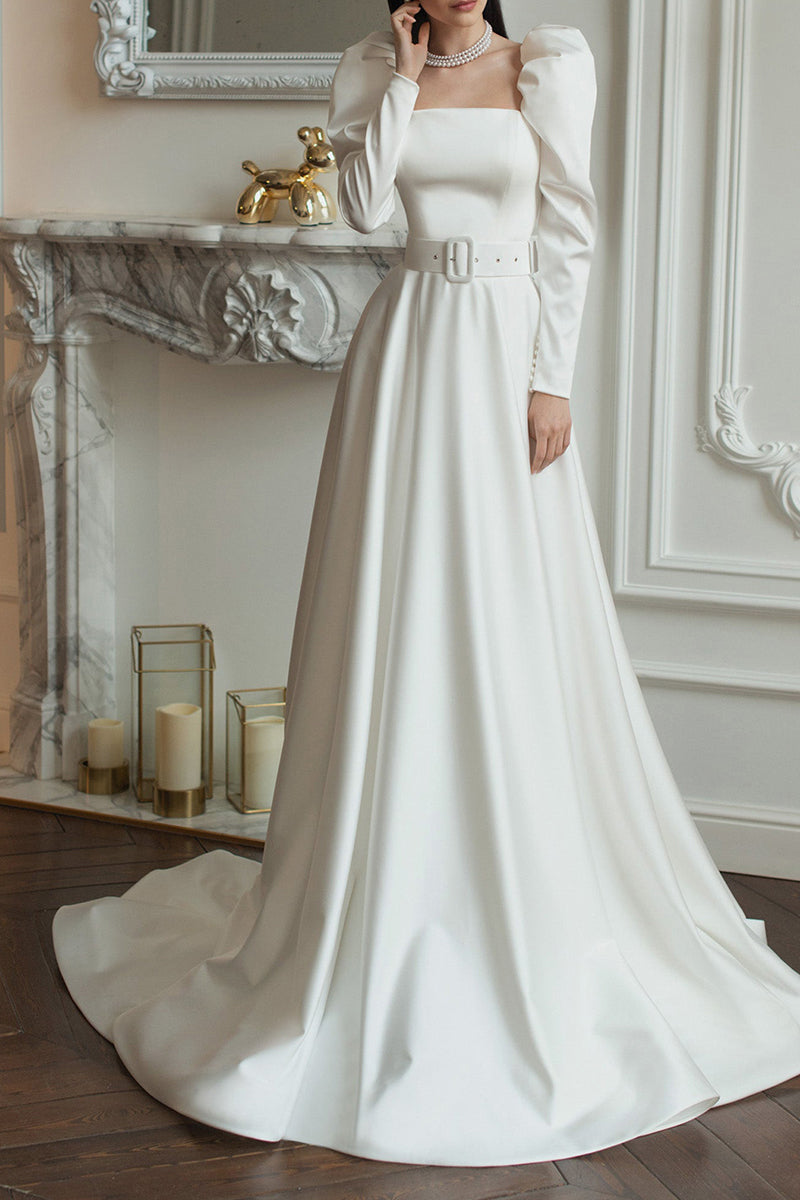 A Line Square Long Sleeves Satin Vintage Wedding Dress with Court Train QW2290