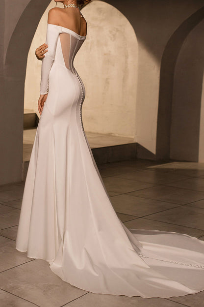 Trendy Strapless Long Sleeves Simple Satin Mermaid Wedding Dress QW0935