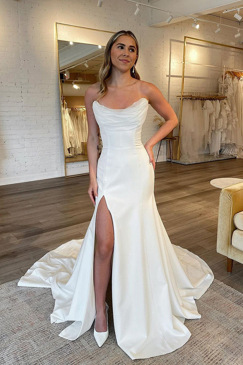 Mermaid/Trumpet Strapless Ivory Simple Wedding Dress with Slit QW2186