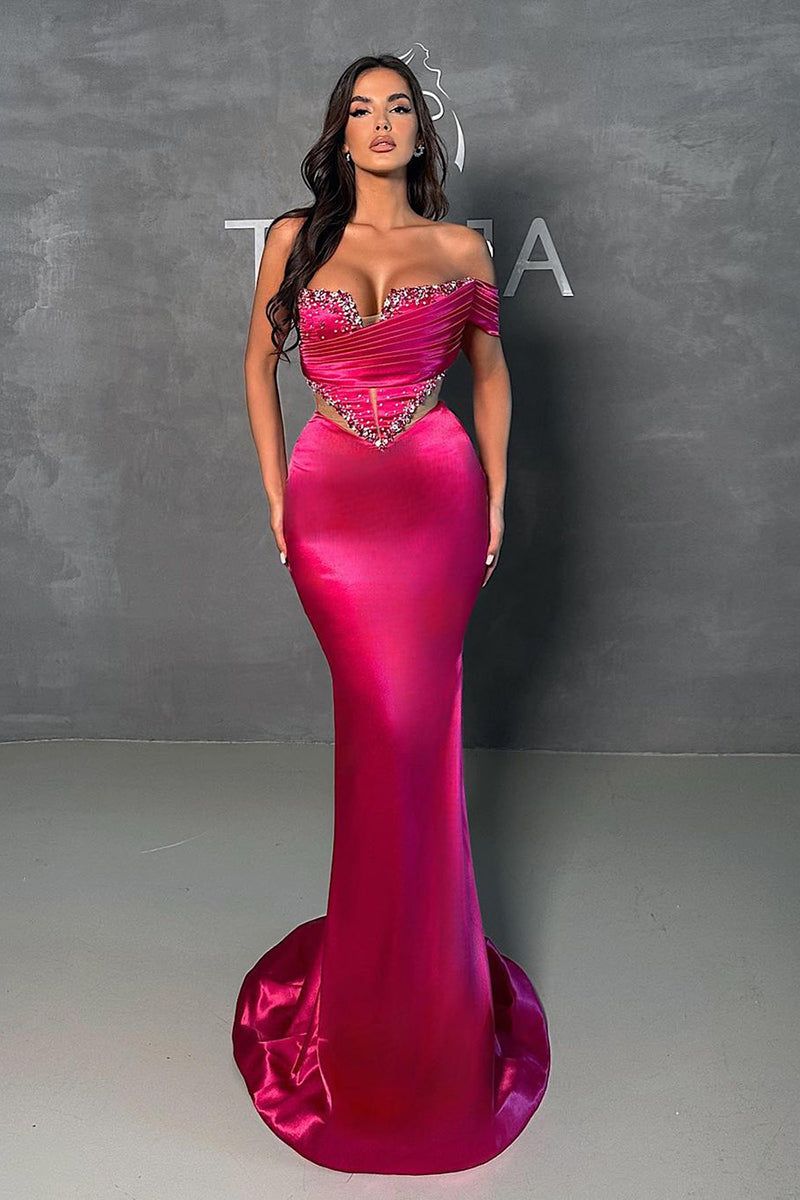 Strapless Satin Pleats Beads Mermaid Formal Evening Dress QP0894