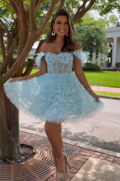 A line Sweetheart Tulle Ruffles Cute Short Homeocming Dress QH2467