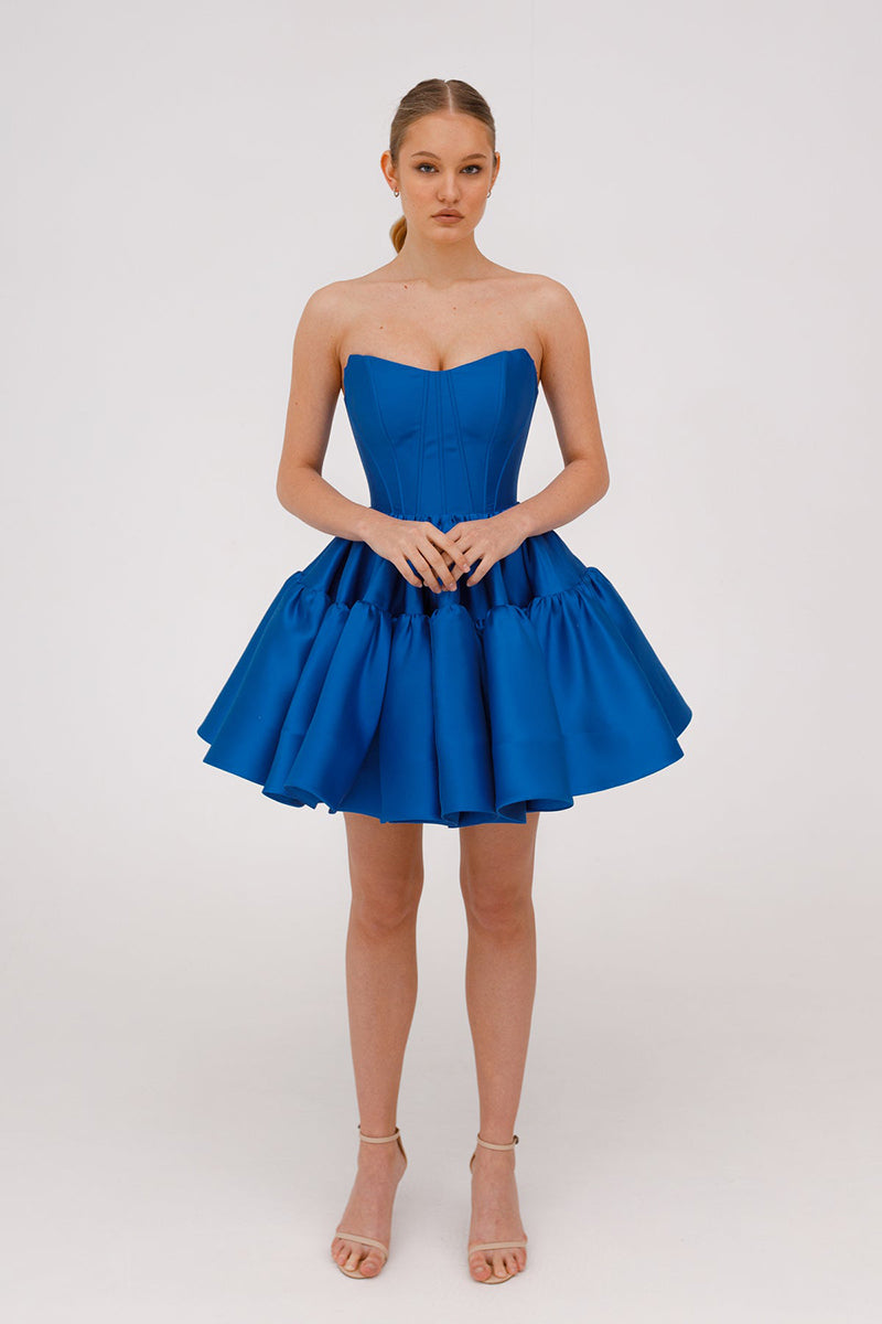 A Line Sweetheart Satin Ruffles Blue Short Homecoming Dress QH2515