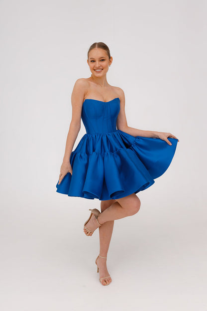 A Line Sweetheart Satin Ruffles Blue Short Homecoming Dress QH2515