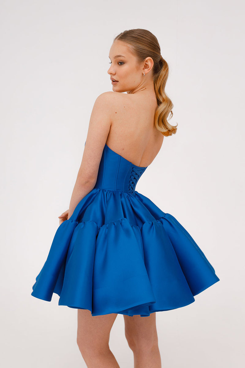 A Line Sweetheart Satin Ruffles Blue Short Homecoming Dress QH2515