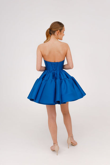 A Line Sweetheart Satin Ruffles Blue Short Homecoming Dress QH2515