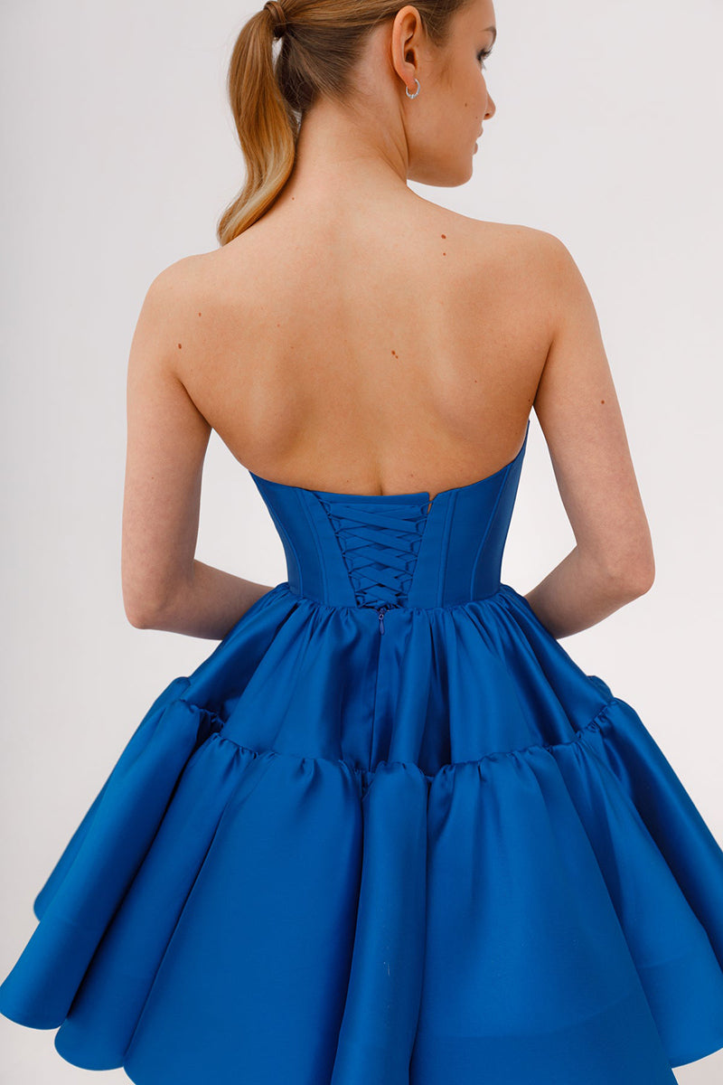 A Line Sweetheart Satin Ruffles Blue Short Homecoming Dress QH2515