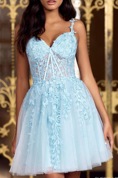 A line V Neck Lace Appliques Short Homecoming Graduation Dress QH2337