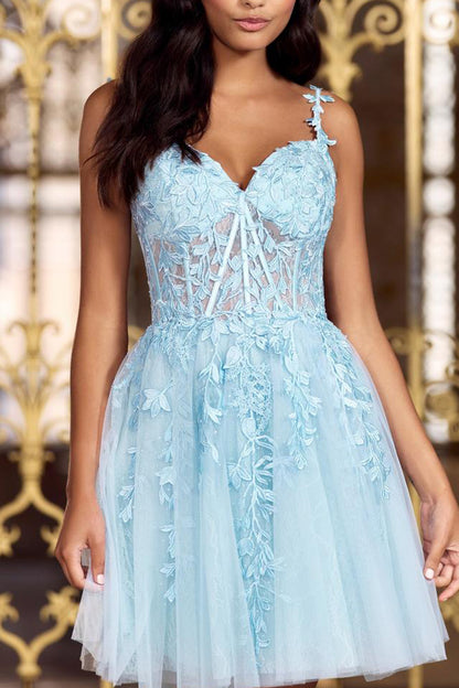 A line V Neck Lace Appliques Short Homecoming Graduation Dress QH2337