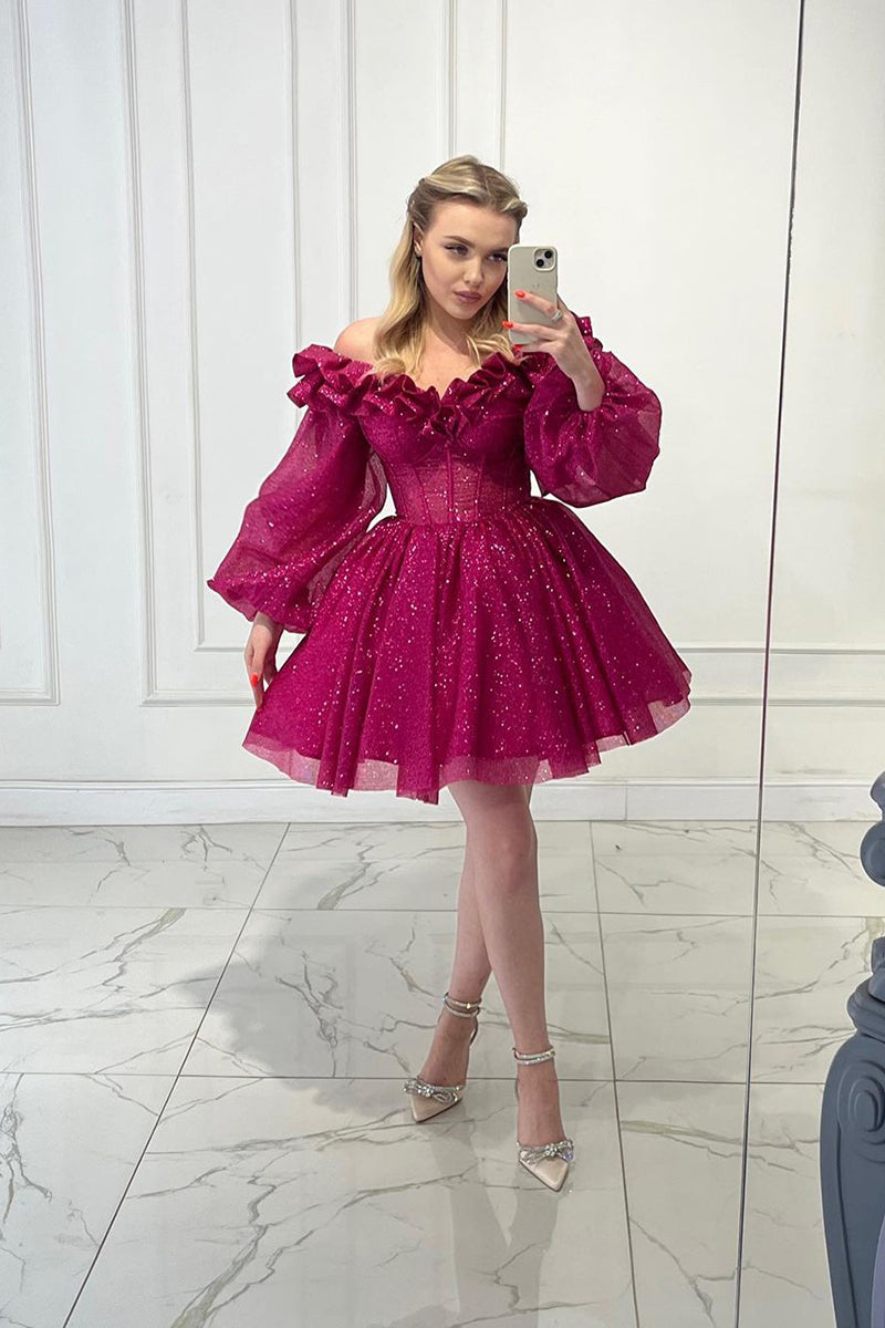 A Line Strapless Long Sleeves Sparkly Short Prom Dress Fuchsia Homecoming Dress QH2492