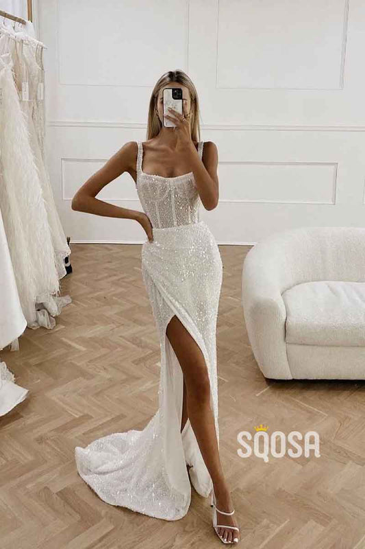 Double Straples Side Slit Elegant Mermaid Wedding Dress QW2531