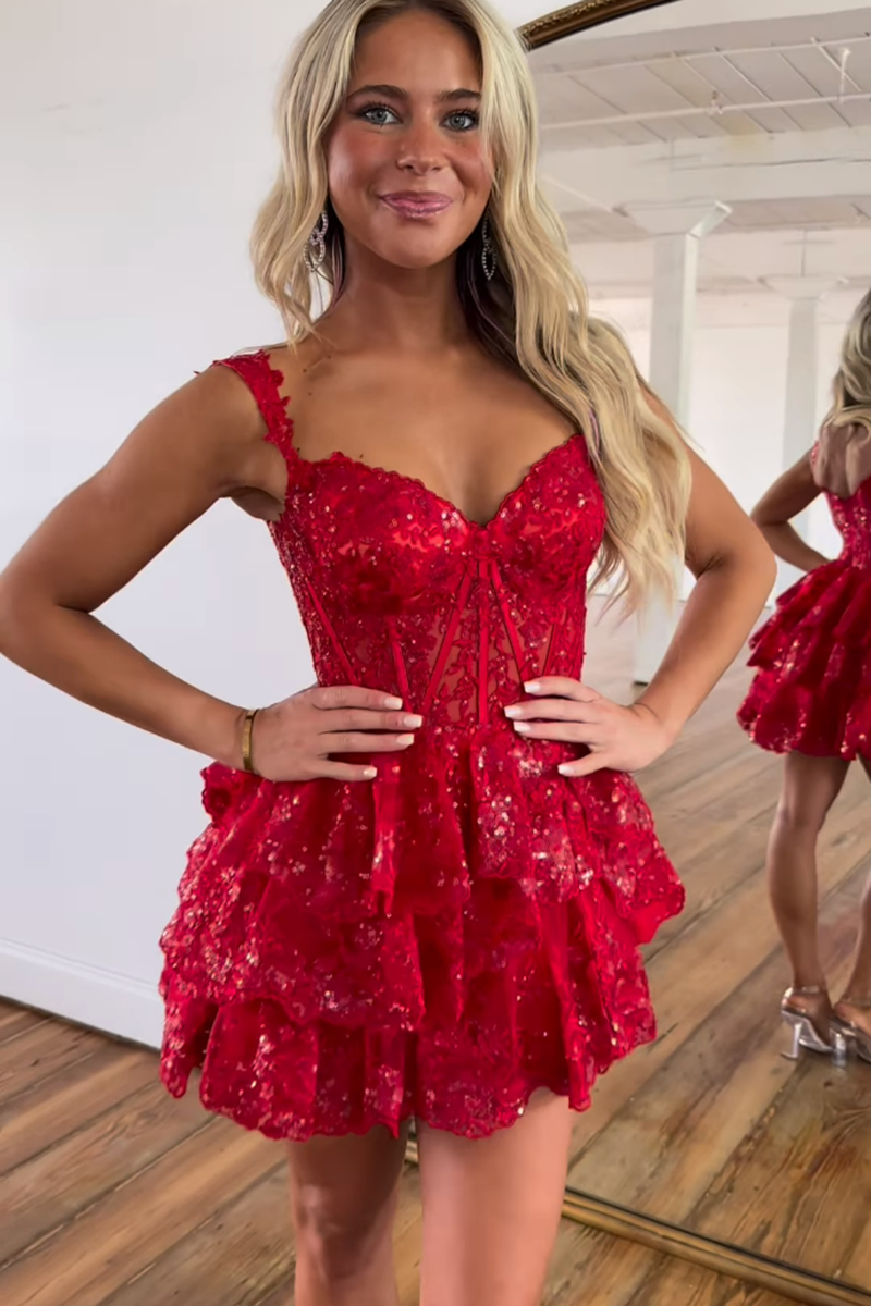 A line Sweetheart Sequins Tiered Cute Homecoming Dress Short Graduation Dress QH2473