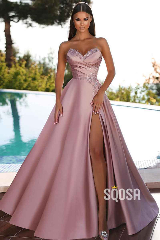 A Line V neck Satin Appliques Elegant Long Prom Party Dress with Slit QP1396