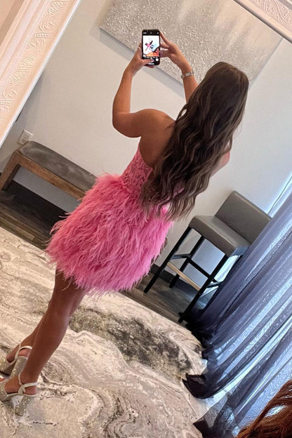 Sheath/Column Sweetheart Lace Appliques Feathers Pink Cute Homecoming Dress QH2328