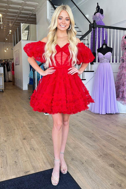 A Lline Off Shoulder Short Sleeves Red Short Homecoming Dress QH2457