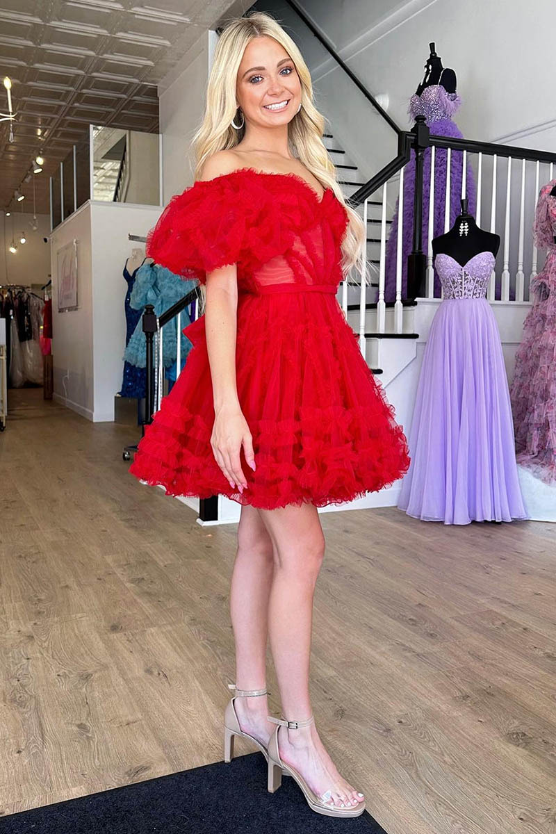 A Lline Off Shoulder Short Sleeves Red Short Homecoming Dress QH2457